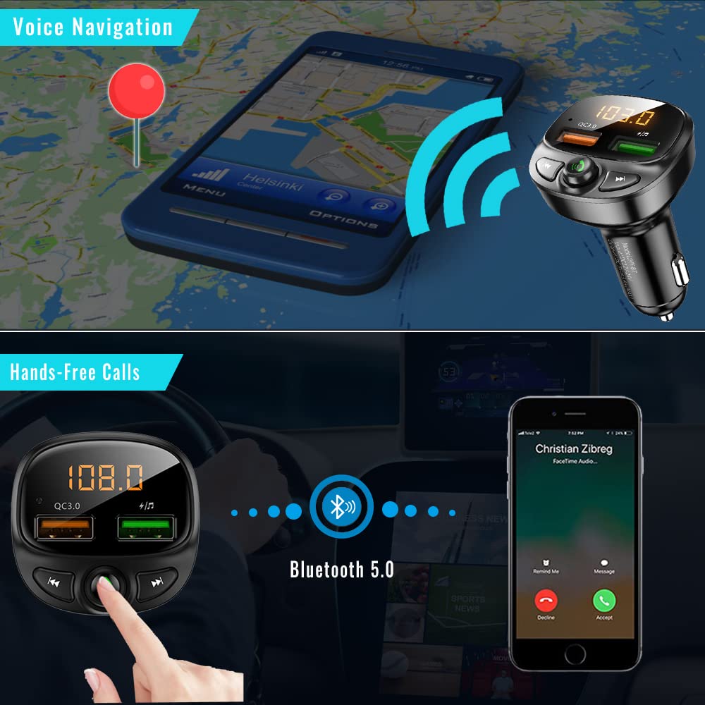 Transmetteur FM Bluetooth 5.0 Adaptateur Voiture USB Carte TF - Lecture Audio Sans Fil