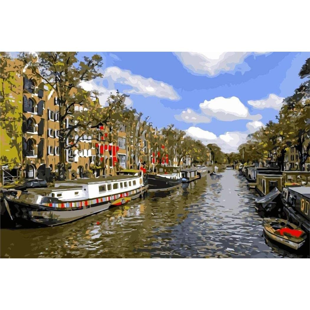 YSCOLOR Painting by Numbers Kit,Amsterdam Canal Barge DIY Paint by Number for Adults with Paintbrushes and Acrylic Pigment 16X20in/40X50cm