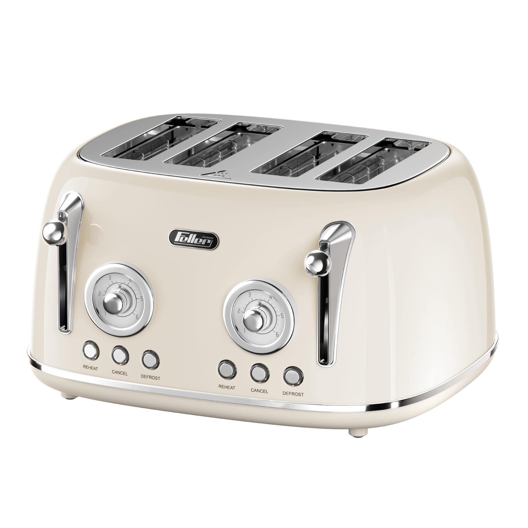 Feller Germany, Retro Style 4-Slice Toaster, 1630 W, Steel Body, 2 Dust Covers & 2 Bun Warmers, Defrost, Reheat, & Cancel Function, 4 Extra wide Bread Slots, Removable Crumb Tray, TO490 (Cream)