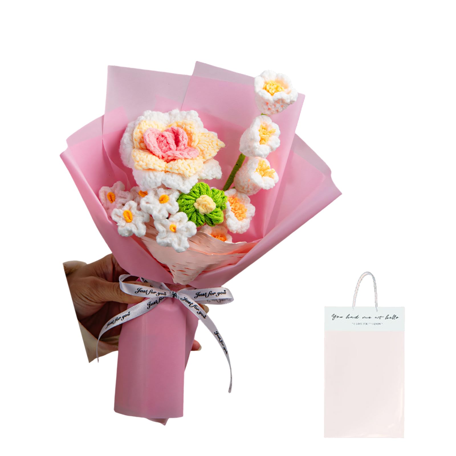 ZEPFJHE Fascinating Knitted Flower Bouquets with Roses Lilies of the Valley and Myosotises Creative Graduation Gift Knitted Flower Bouquets