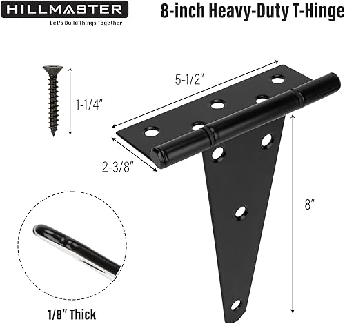 Miniatura 3 de HILLMASTER Correa en T de 8 pulgadas, bisagras de puerta de cobertizo, bisagra negra para cercas de madera, patio, puerta de granero, a prueba de