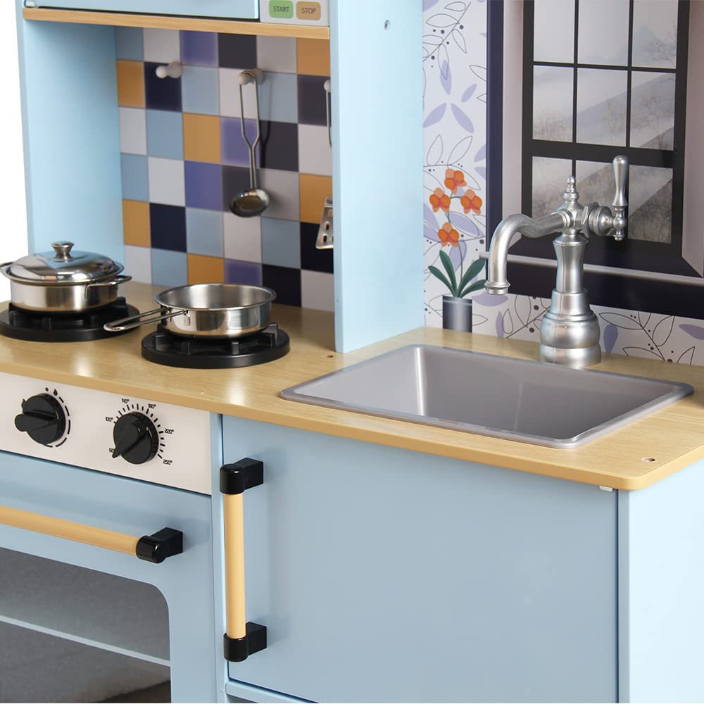 DEQUBE drewniana kuchnia, 2 moduły, nowoczesny design, zabawka kuchenna, ze światłami i dźwiękami, zawiera metalowe akcesoria do zabawy, rozmiar 72 x 30 x 85 cm, niebieski (913D00013)