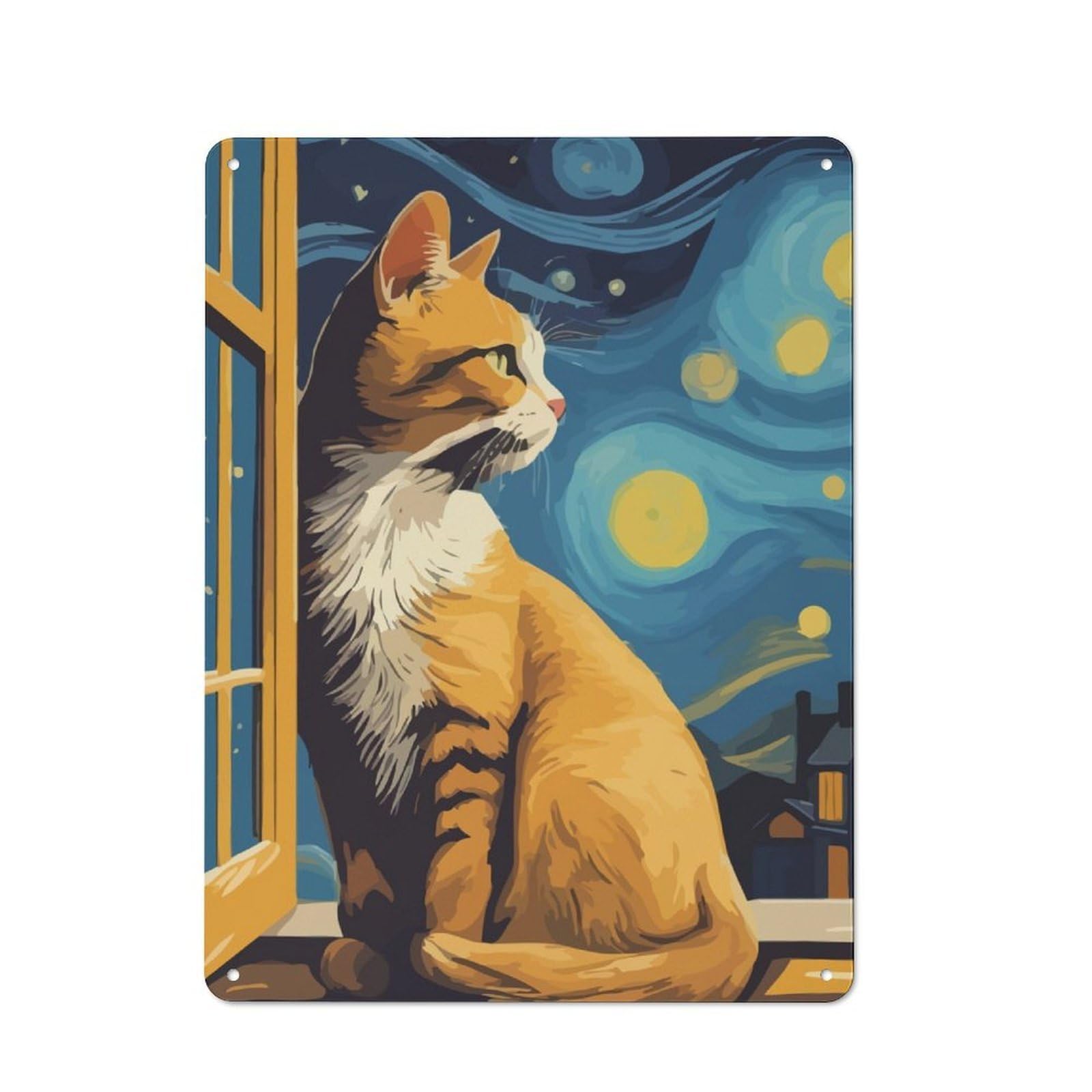 Junmoney Starry Night Cat-2 Tin Wall Plaque 40X30cm With Starry Night Cat For Bar Or Restaurant, Housewarming Wall Decor For People Furnishing Bar And Restaurant