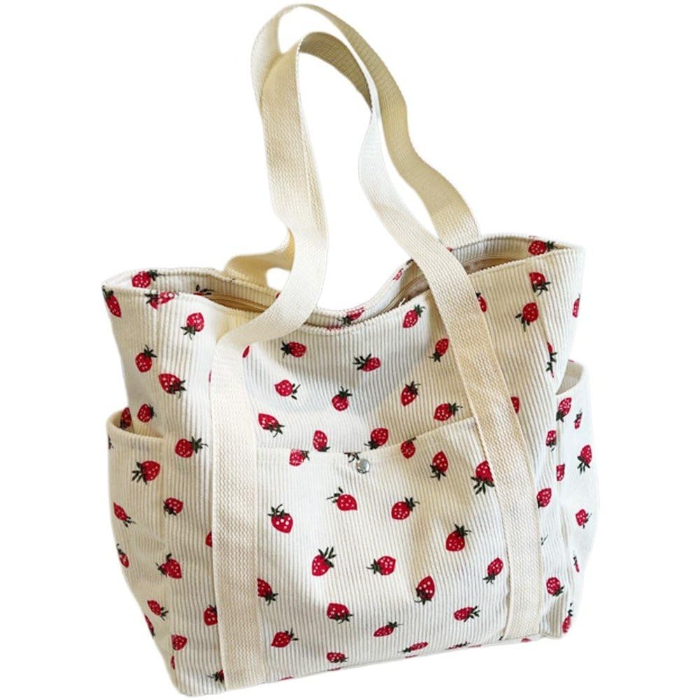 Danlai Women's Beige Casual Strawberry Corduroy Tote Bags, Travel Shoulder Beach Bag For Work Lunch Grocery Shopping Shopper Handbags