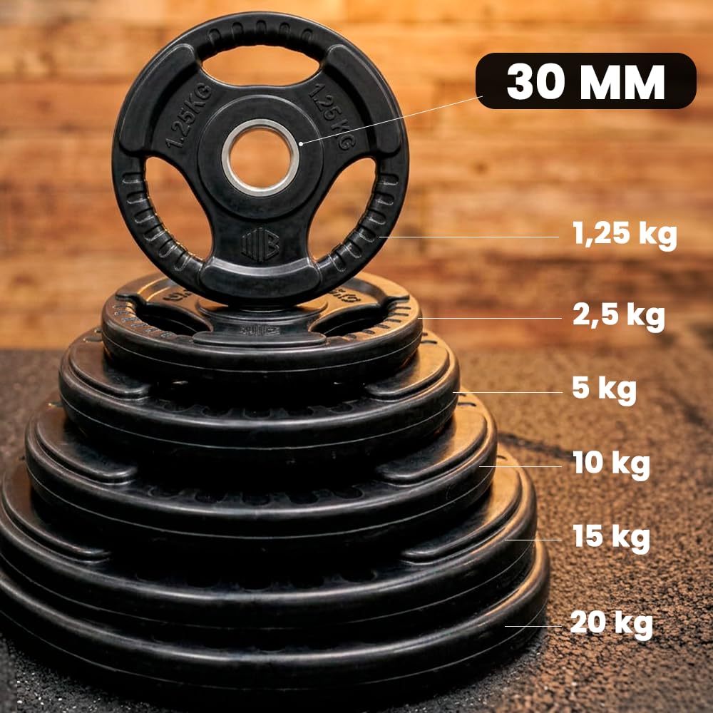 ManiBoom Discos Pesas Hierro ENGOMADO 30mm y 50mm Olimpica con Anillo Interior de Acero y Triple Agarre ERGONOMICO - Disco para Barra o Mancuernas 2,5kg, 5kg, 10kg, 15kg, 20kg