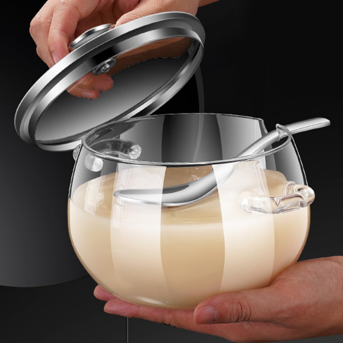 TIDTALEO Glasbehälter für Schmalz und Gewürze mit Löffel 1200ml Kapazität Glatte Oberfläche Tragbar Einfaches Design Praktischer Küchenaufbewahrungstopf mit Deckel