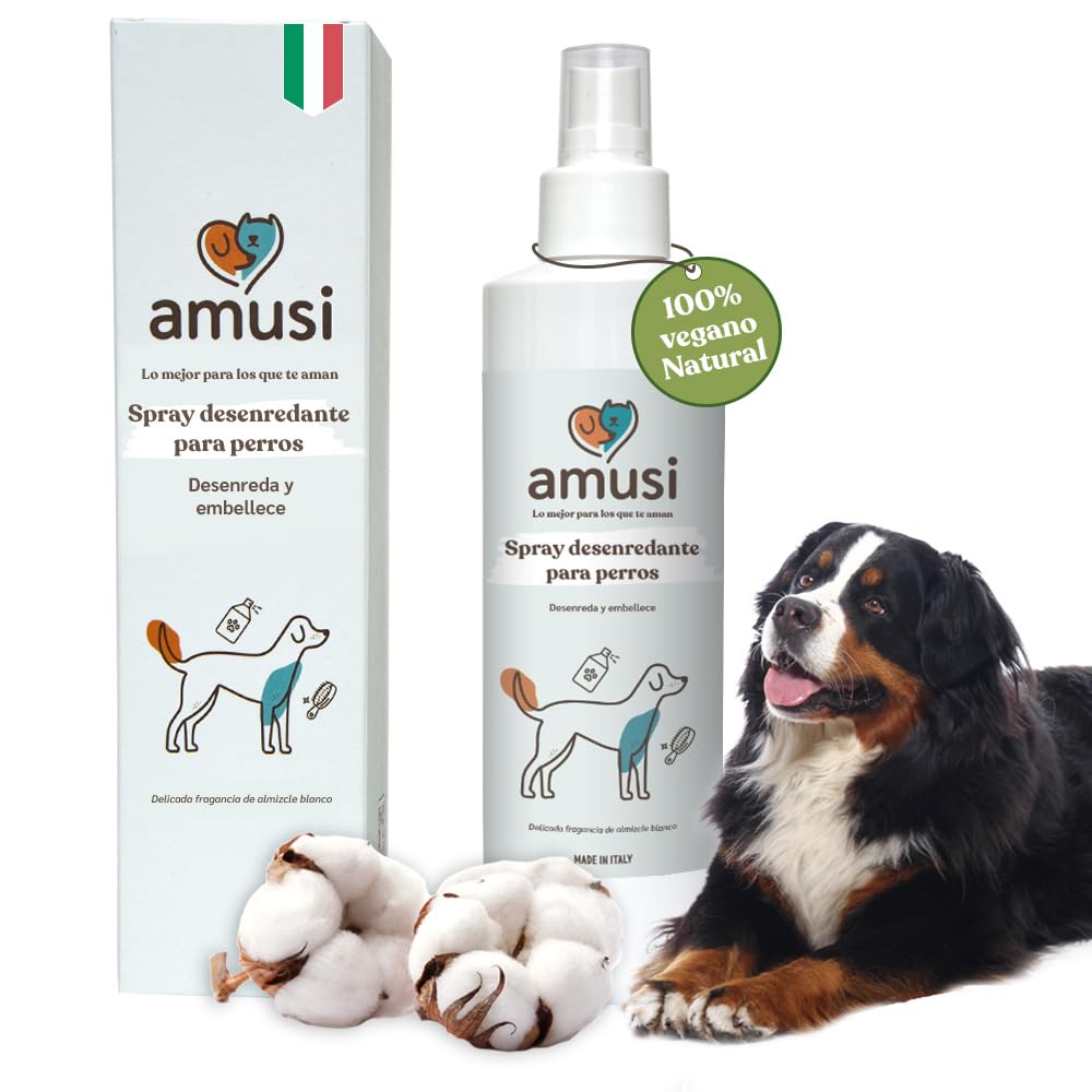 amusi Spray Desenredante Perros 250ml - Fórmula Hipoalergénica a Base de Aceites Vegetales, Acción Desenredante, Acondicionadora, Nutritiva y Brillante para Todo Tipo de Pelo, Efecto Antiestático