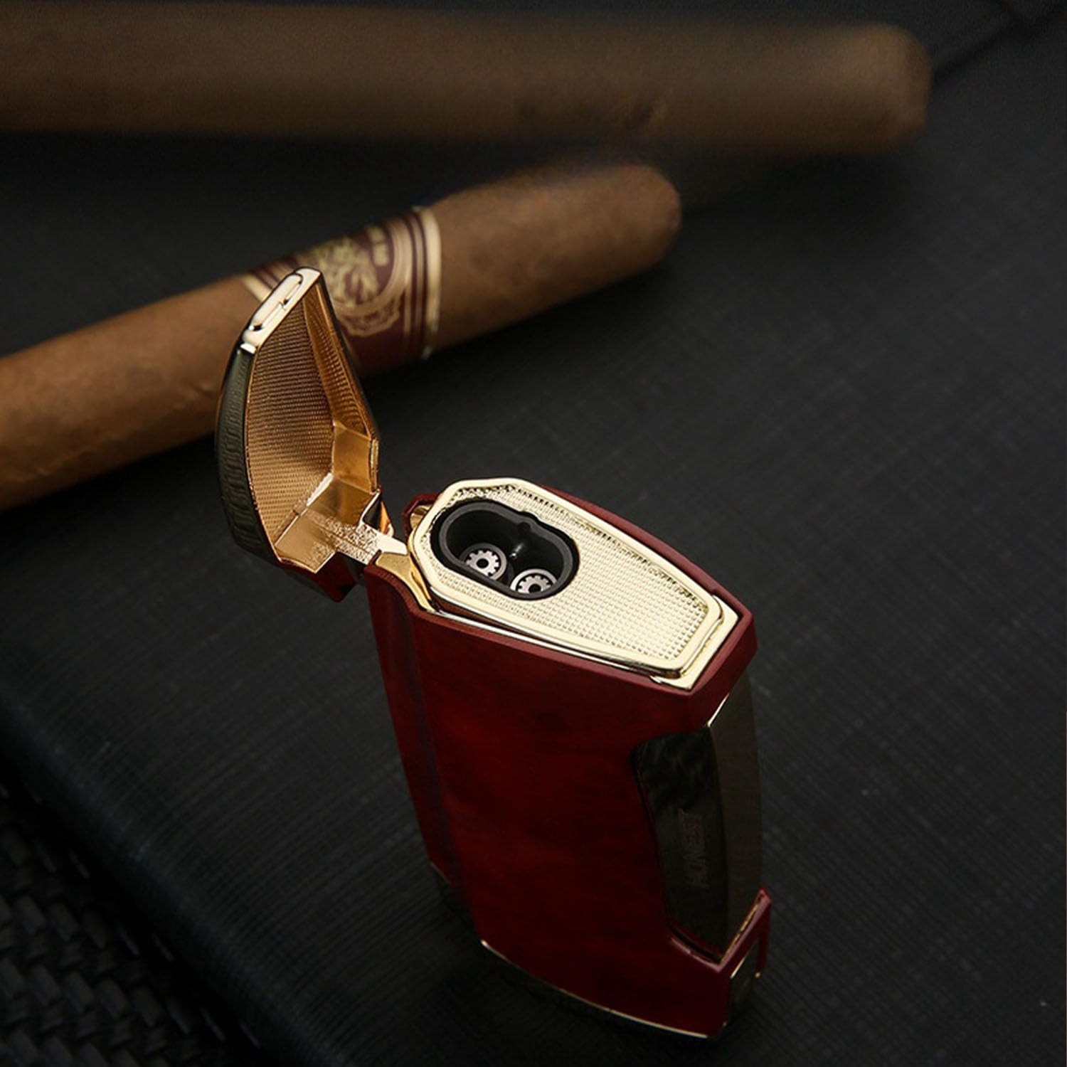 Mini Encendedor Chorro Doble Llama Más Ligero de Gas Butano Recargable y Ajustable con Perforador de Cigarros para Hombres y Mujeres (sin Gas),Red