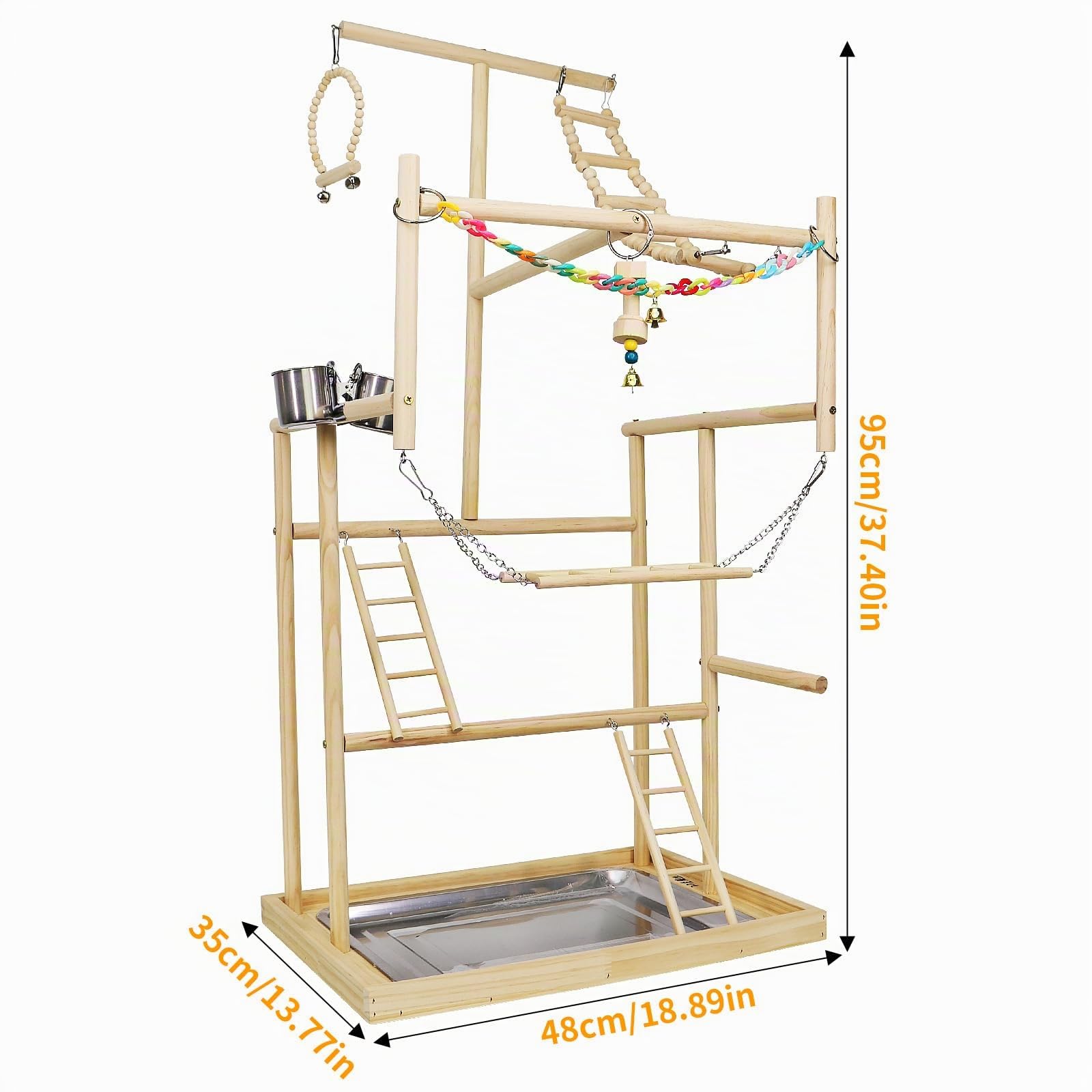 Parco Giochi per Pappagalli in Legno,con Tazze di Alimentazione in Acciaio Inox, Catena in Plastica Colorata per Animali Domestici, per Pappagalli e Altri Uccelli