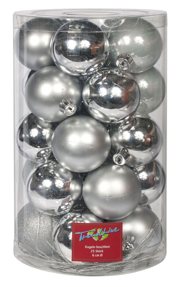 TrendLine Christbaumkugeln 25 Kugeln Ø 6 cm Glas Silber...