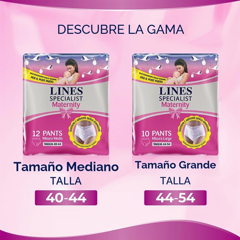 Lines Specialist Maternity - Braguitas absorbentes Lines Maternity Postparto con soporte del abdomen y absorción rápida para pérdidas postparto, talla L, paquete de 20 unidades