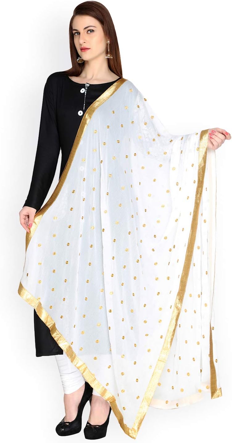 Woman's Embroidered Chiffon Dupatta Scarf Shawl Wrap Soft Indian Bridal Wedding - Off White