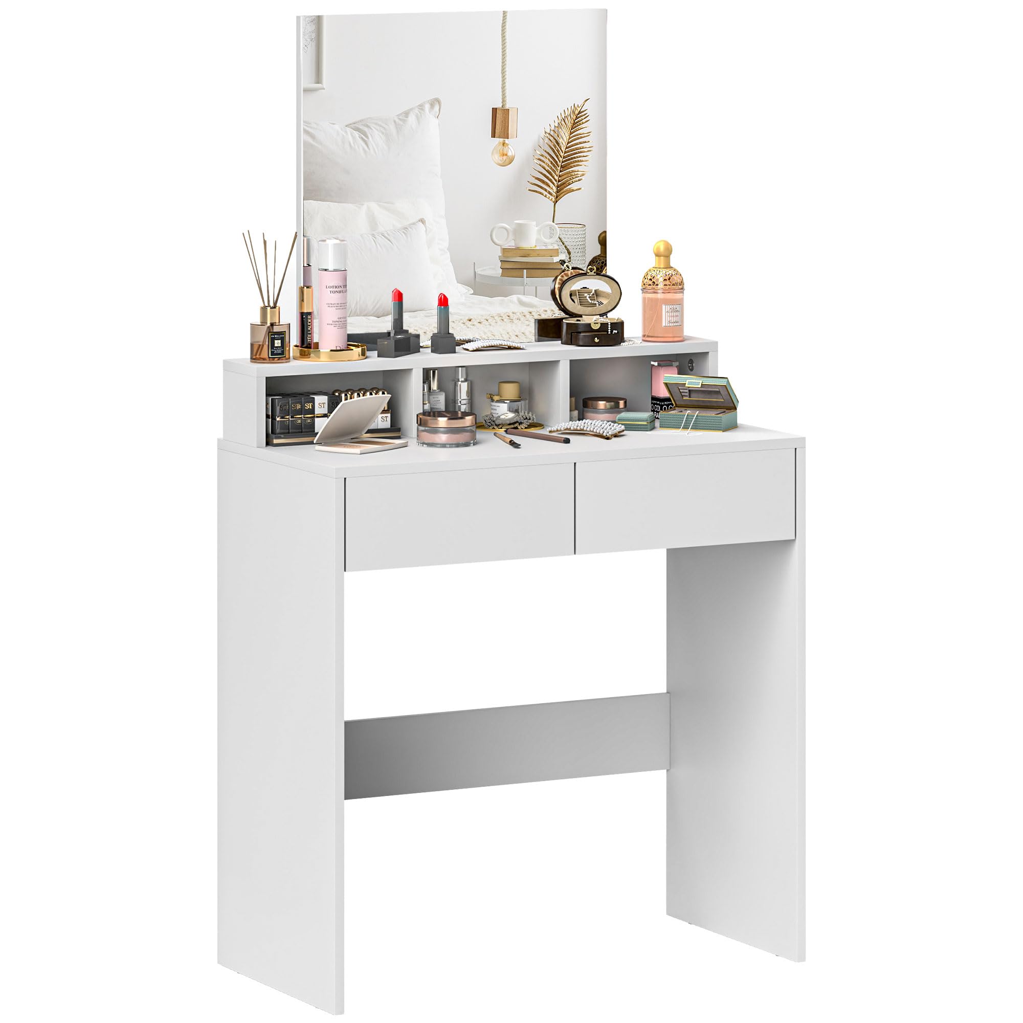 HOMCOM Tavolo da trucco con specchio con 2 cassetti e 3 scomparti, stile moderno per camera da letto, 75 x 38 x 135 cm, bianco