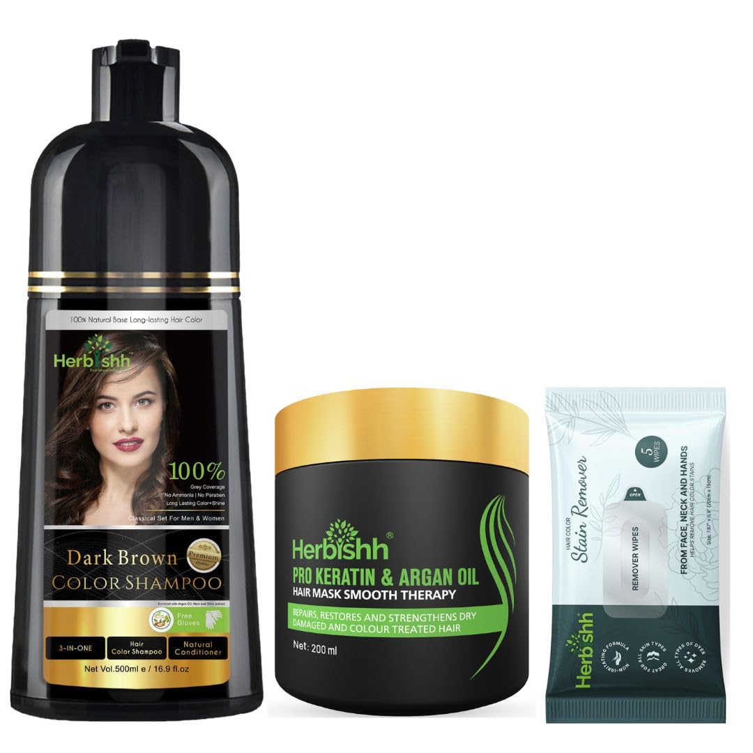 Color Shampoo Dark Brown (500ml) + Argan Hair Mask (200g) + Hair Color Remover Wipes for Skin 5 Wipes in 1 Sachet-image-46