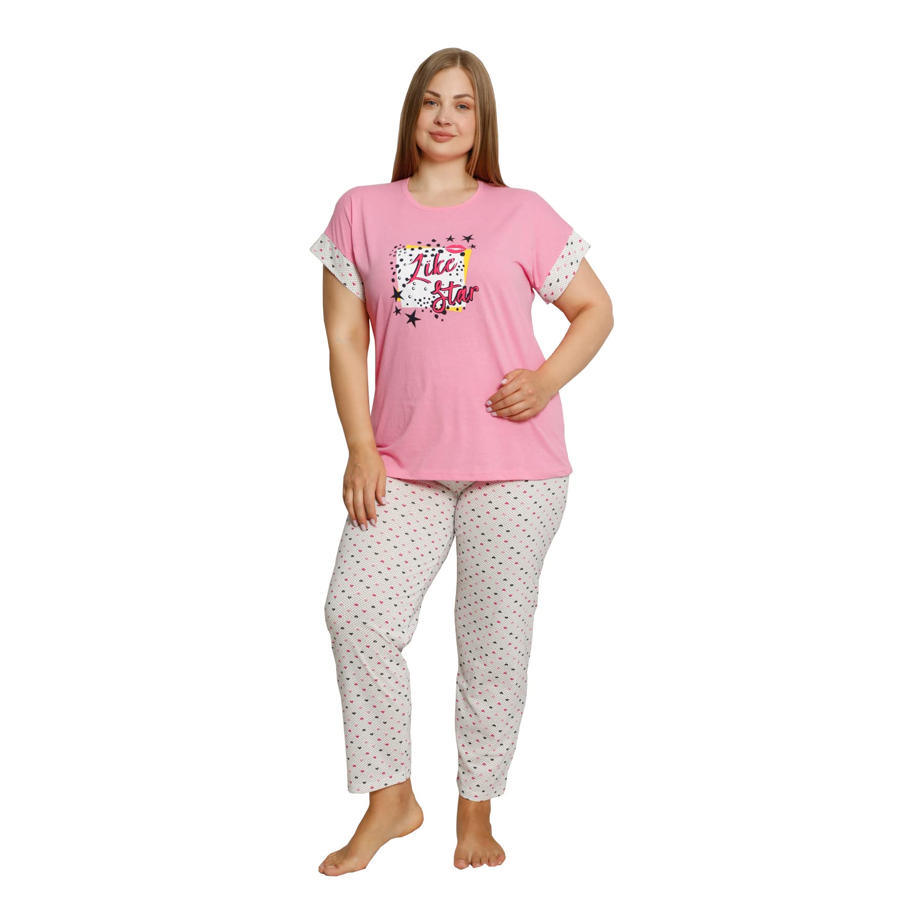 MARILYN MOOD Women's Plus Size 2-Piece Sleepwear Top and Pants Turkish Cotton Plus Size Pajama Set Homewear Nightwear Loungewear Petal Sleeve