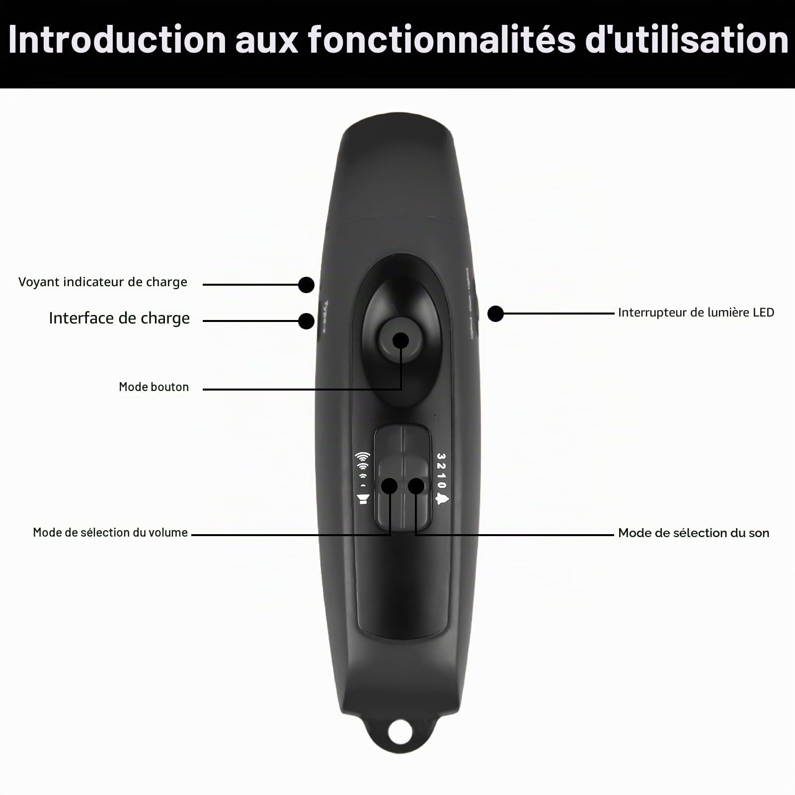 GAOUTO Sifflet électronique avec 3 sons et 2 modes d'éclairage LED, sifflet de sport portable, sifflet haute fréquence, sifflet d'extérieur pour entraîneurs, arbitres, sports, survie (noir)