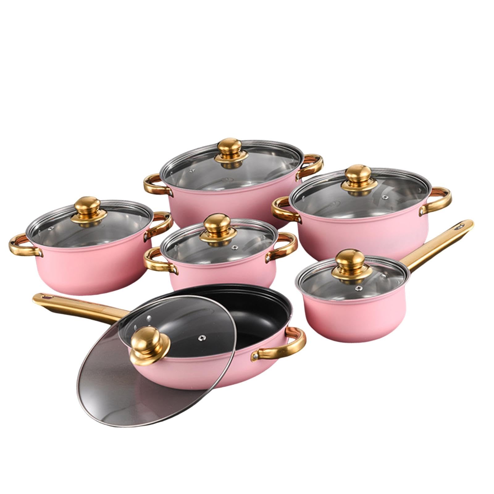 Sharplace 6× Pots and Pans Cookware, Stainless Steel Nonstick Cookware Set with Glass Lids Suitable for Induction Hob with Heat-Resistant Handle, Milk Saucepan and Frying Pan for Kitchen，Pink
