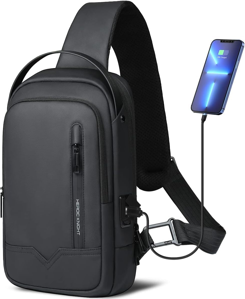 hk Sacoche Homme Sac de Poitrine Imperméable Léger avec Port de Chargement USB Sacoche Bandoulière Noire Sac Bandouliere pour iPad 11.3 Pouces (Noir)
