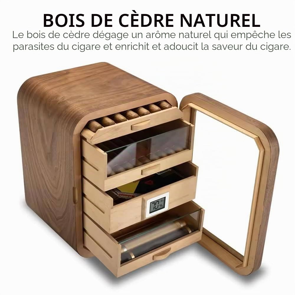 Cave à Cigares, Vitrine En Verre, Boîte De Rangement En Bois De Noyer, 4 Tiroirs, Capacité D'environ 110 Cigares, Pour Homme,A