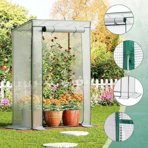 LARMNEE Gewächshaus, Tomatengewächshaus, Gewächshaus Klein, Foliengewächshaus, Tomatenhaus Stabil, mit PE Gitterfolie und Tür zum Aufrollen, 100 x 50 x 150 cm, Gemüse, Blumen, Garten, Weiß EWT15GH02G1