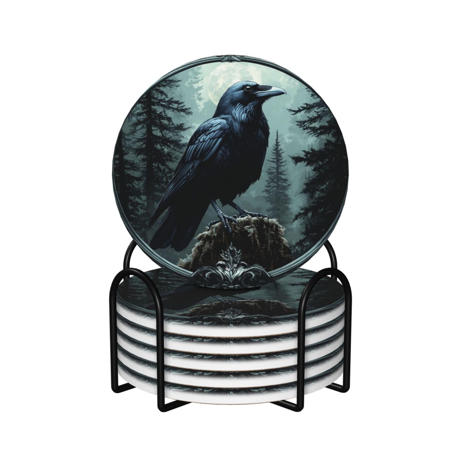 Raven Dark Pine s Ceramic Coasters with Holder 6ps