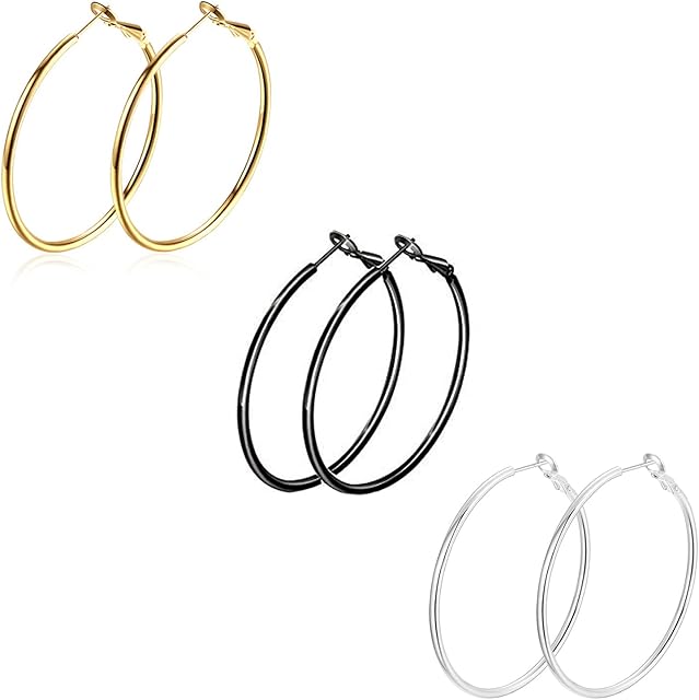 Zeayebsr Women Simple Hoop Earrings 50mm 316L Stainless Steel/18K Gold Plated/Black50mm Diameter