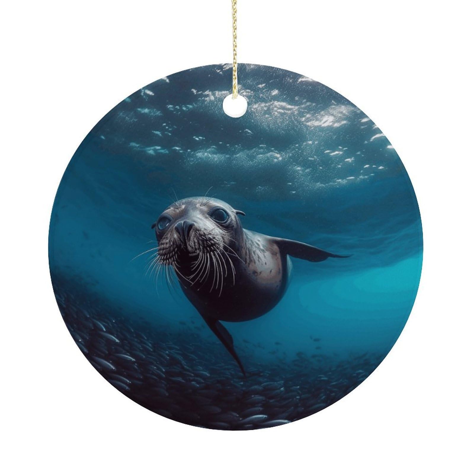 Underwater Sea Lion Christmas Ornament,Round Ceramic Ornaments Personalized Christmas Tree Ornament for Holiday Porcelain Keepsake Gifts Ideas Home Decor