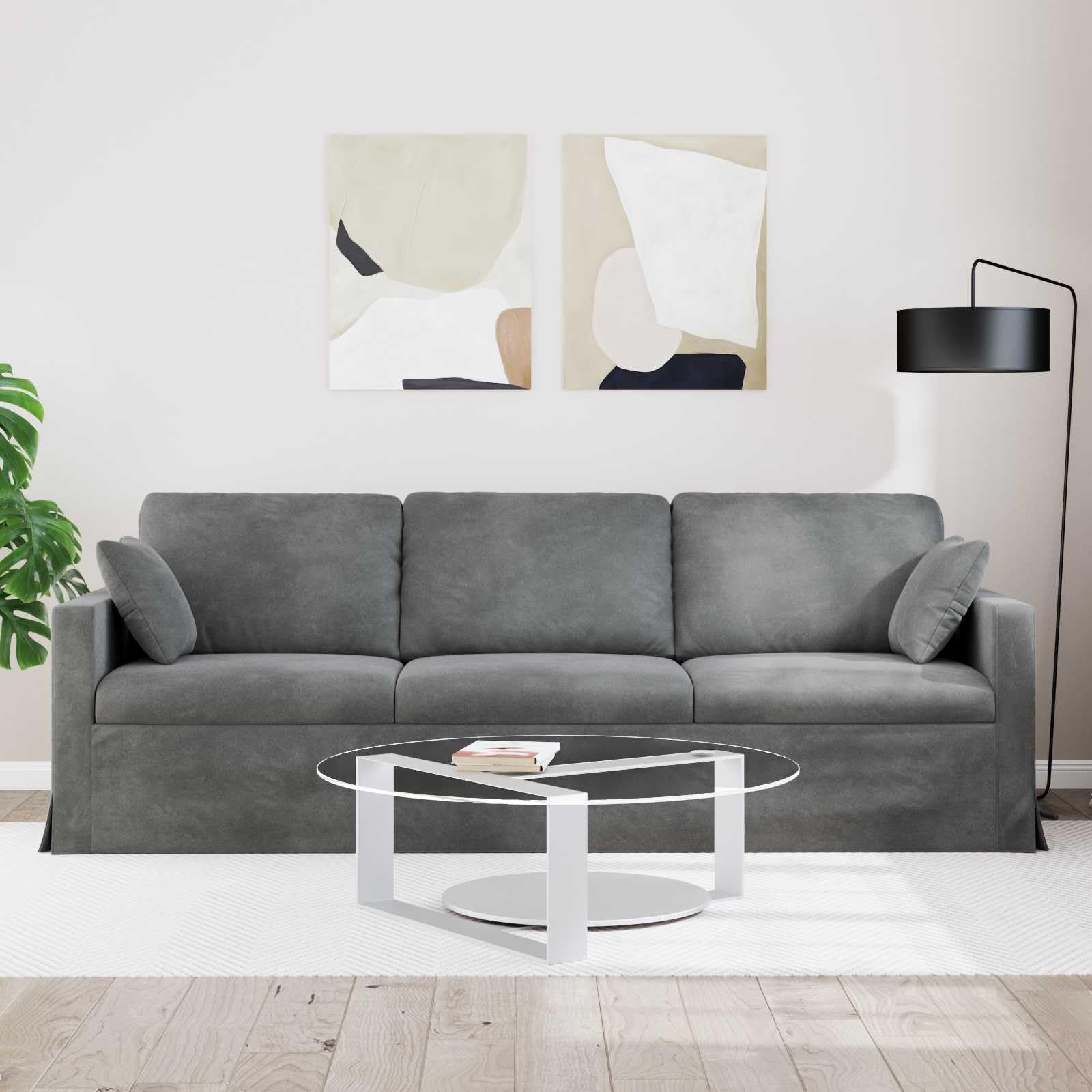 Sofá modular de terciopelo gris oscuro de 228 cm con estructura de metal y reposabrazos de madera, diseño ergonómico para salón y dormitorio