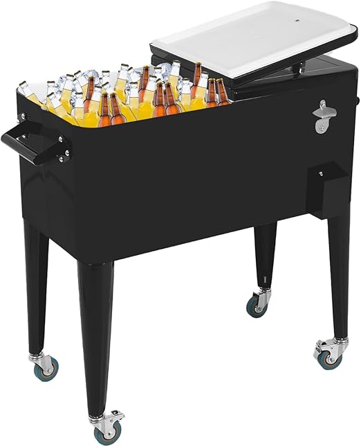 80 Quart Outdoor Cooler Cart Rolling Ice Cooler Ice Chest with Wheels Side Handles Bottle Opener Cap Catcher Portable Drink Cooler for Parties Poolside Patio BBQ Beach