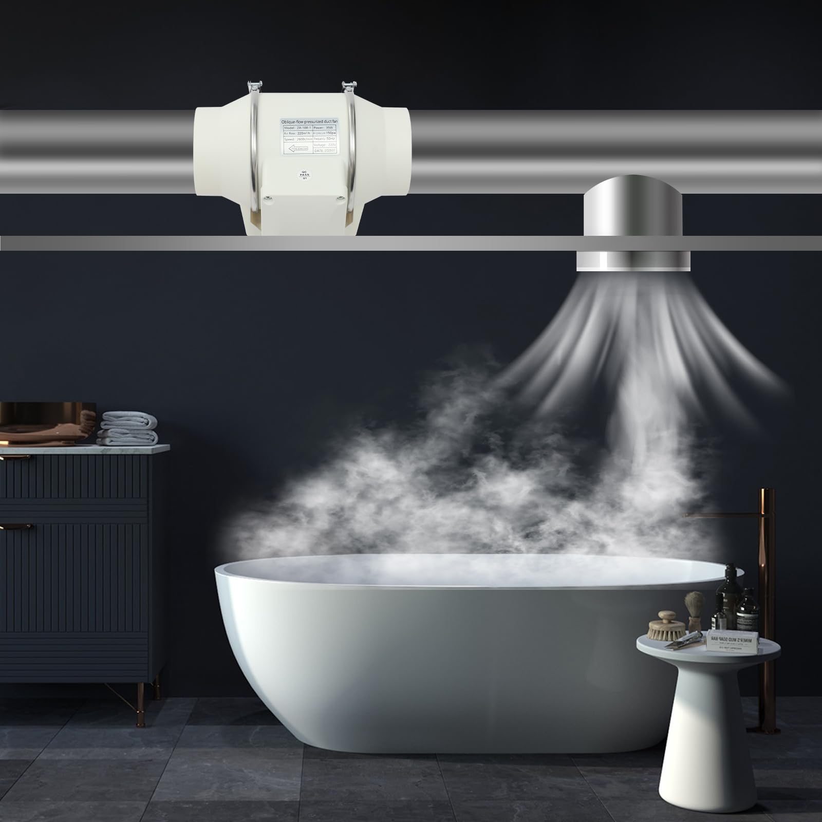 100mm Rohrventilator, 220m³/h Rohrlüfter mit 28W reine Kupfermotor, Rohrluftventilator, Abluftventilator, Inline-Kanalventilator für Werkstätten, Moxibustion-Räume, Schachräume
