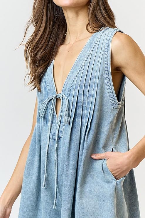 Women's Denim Dress Sleeveless Tie Front Ruffle Jean Dress Casual V Neck Club Party Dress2