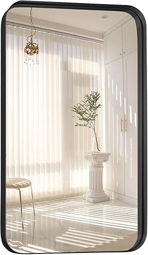 Miniatura 1 de Little kuku Espejo de baño negro de 24 x 36 pulgadas, marco de metal mejorado montado en la pared con esquina redondeada para entradas, salas de