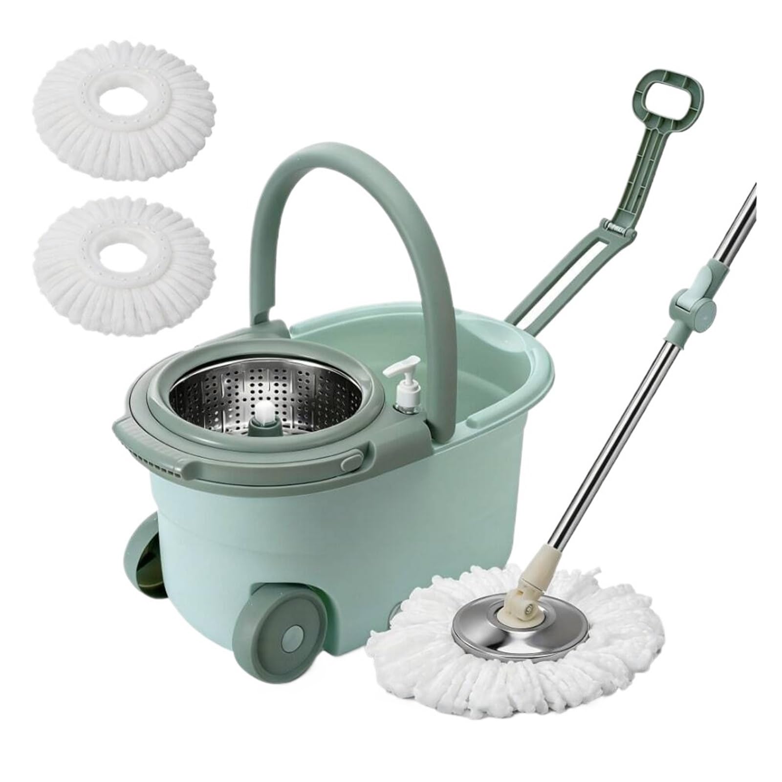 360° Spin Mop Bucket With 2 Microfiber Refills，61in Steel Handle