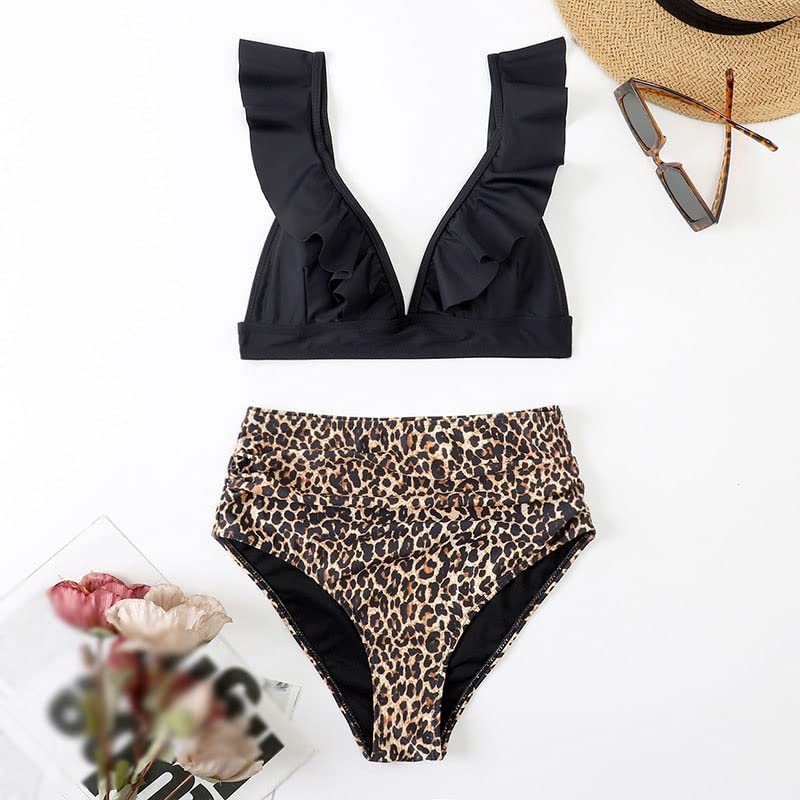 Bikini De Dos Piezas Para Mujer Con Top De Volantes Y Bragas Cintura Alta - Traje De Baño Vintage, Ideal Para Playa Y Piscina