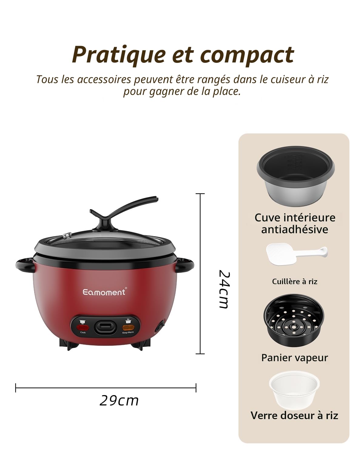 ERC-5P07RD 1L | 400W Cuiseurs à riz & insert vapeur Warm & Cook 1-5 personnes marmite à revêtement antiadhésif, cuillère à riz et tasse à mesurer
