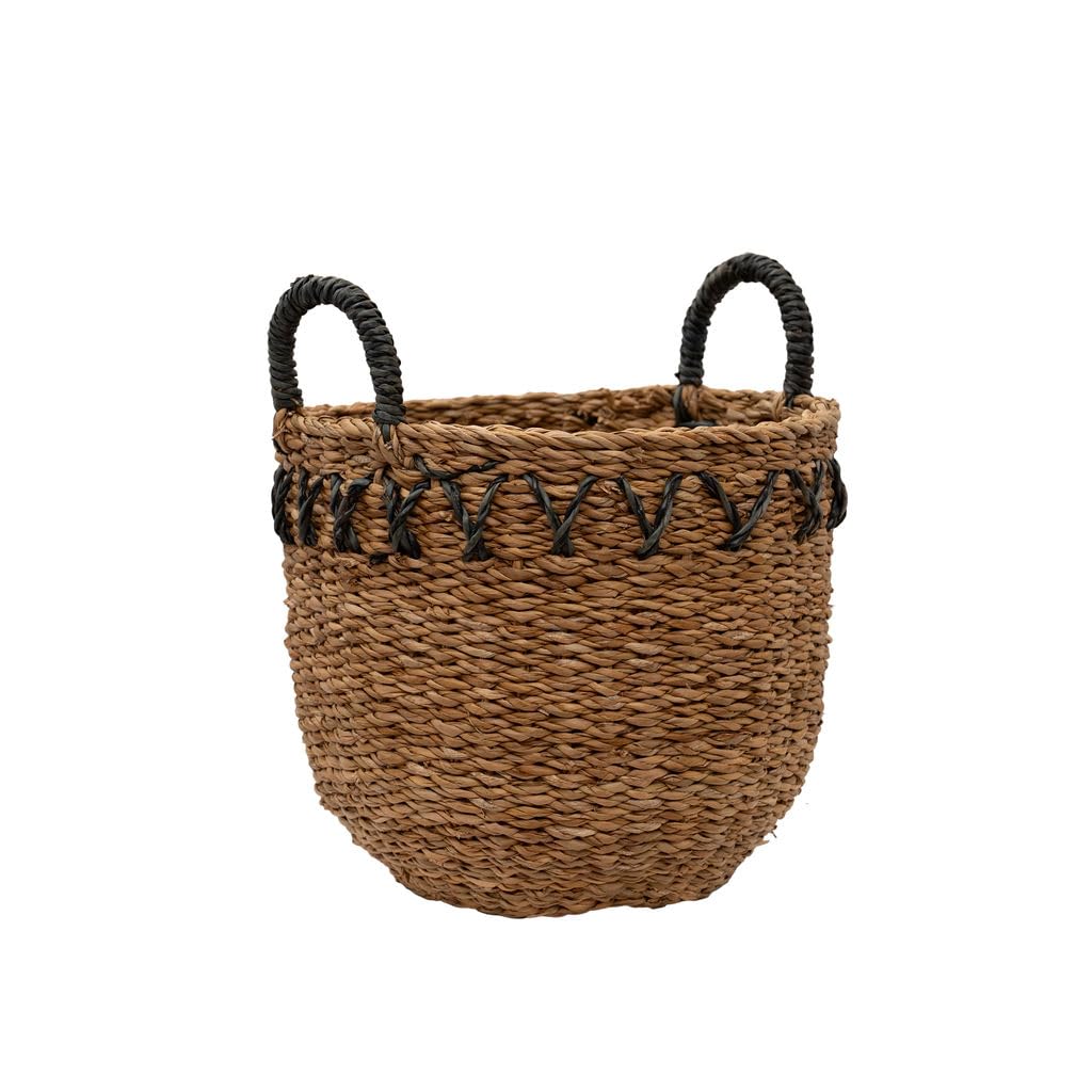Arthur Cameron – Haora Handwoven Artisanal Storage – Decorative Seagrass Basket with Black Detailing & Tapered Base, Versatile Planter Basket with Handles for Stylish Home Organisation (Small)