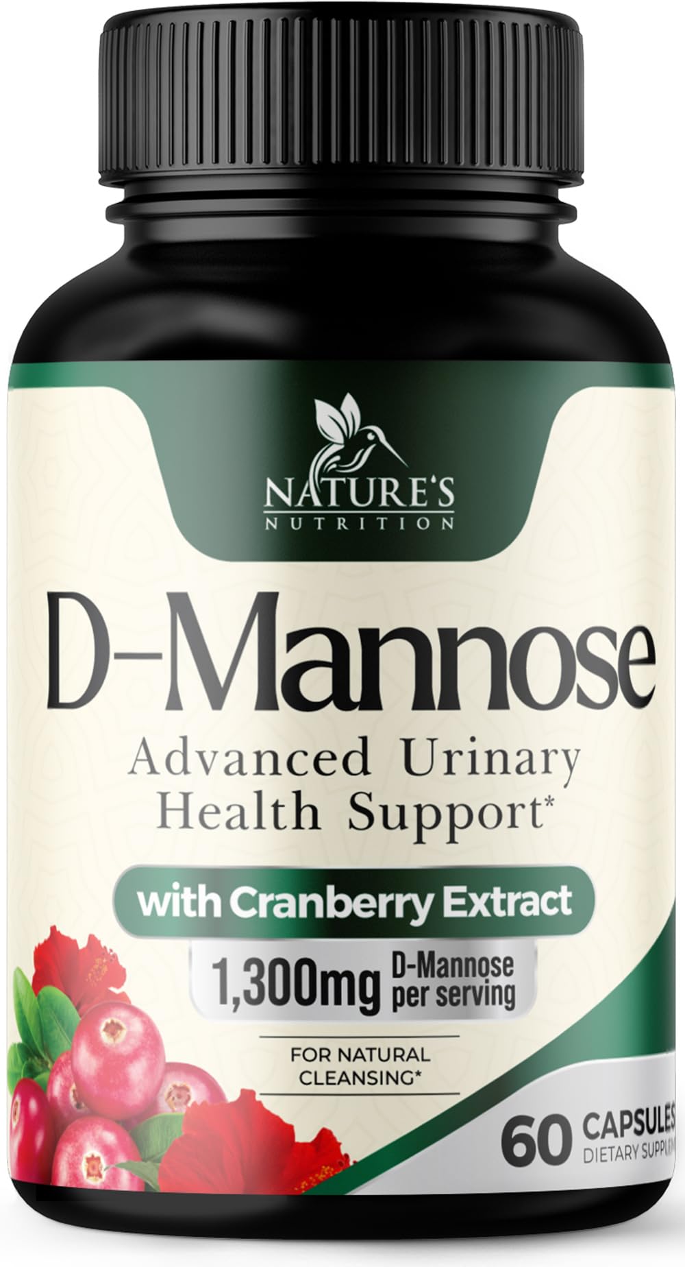 Organic D-Mannose 1300 mg - Best Cranberry & D Mannose Supplement for Natural Urinary Tract Health Support Supplement - Fast-Acting DMannose Supplements for Women & Men - Bottled in USA - 60 Capsules 60 Count (Pack of 1)