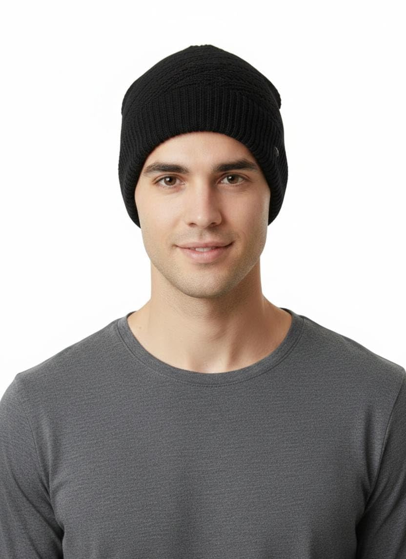 Men's Beanie Cap, Black, Woolen Knitted with Fur Lining, Skull Cap for All Seasons-image-37