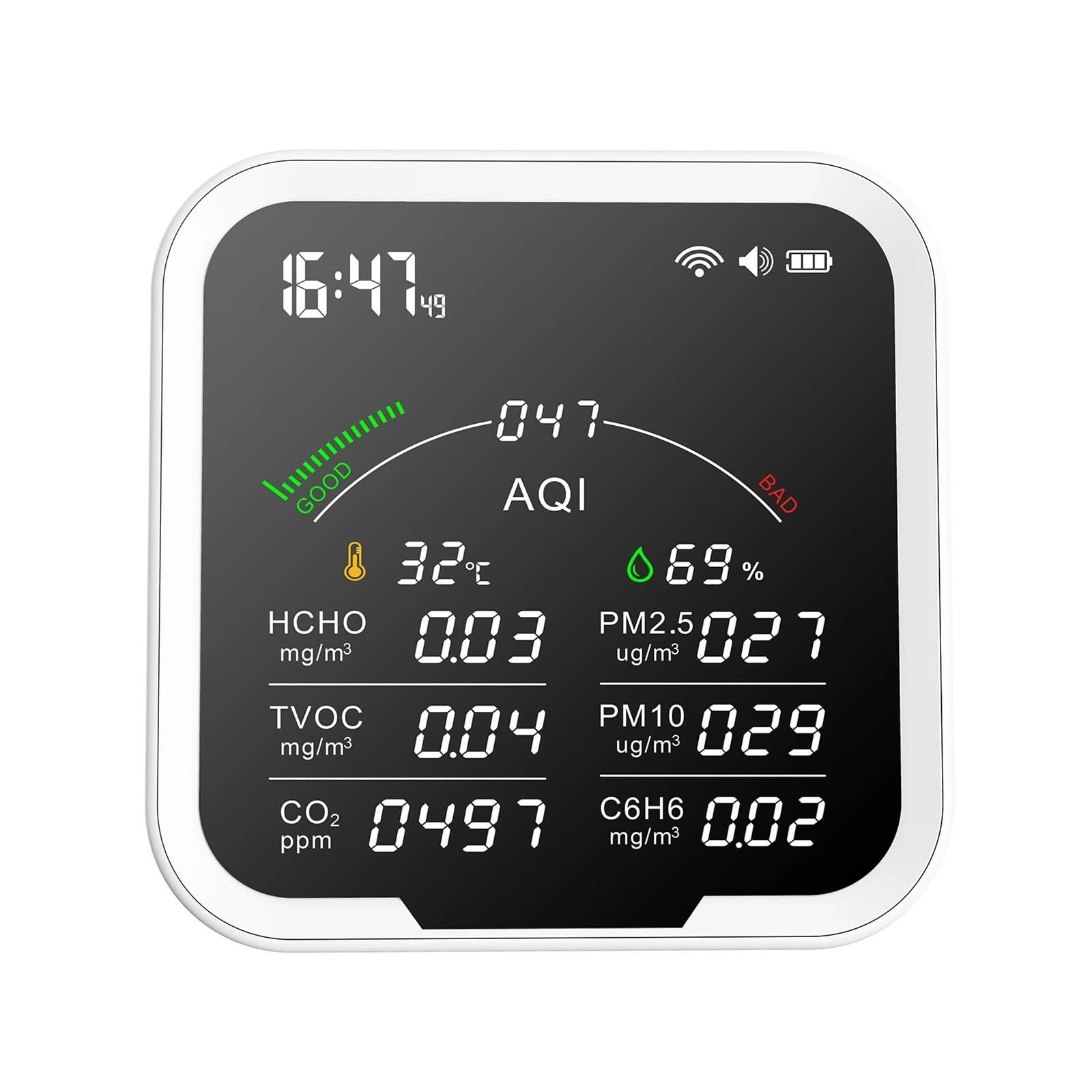 Monitor jakości powietrza w pomieszczeniach 9 w 1 Monitor ści powietrza HCHO/TVOC/CO2/PM2,5/PM10/C6H6 detektor dwutlenku węgla 4,8-calowy miernik temperatury i wilgotności do domu, kuchni, biura, samo