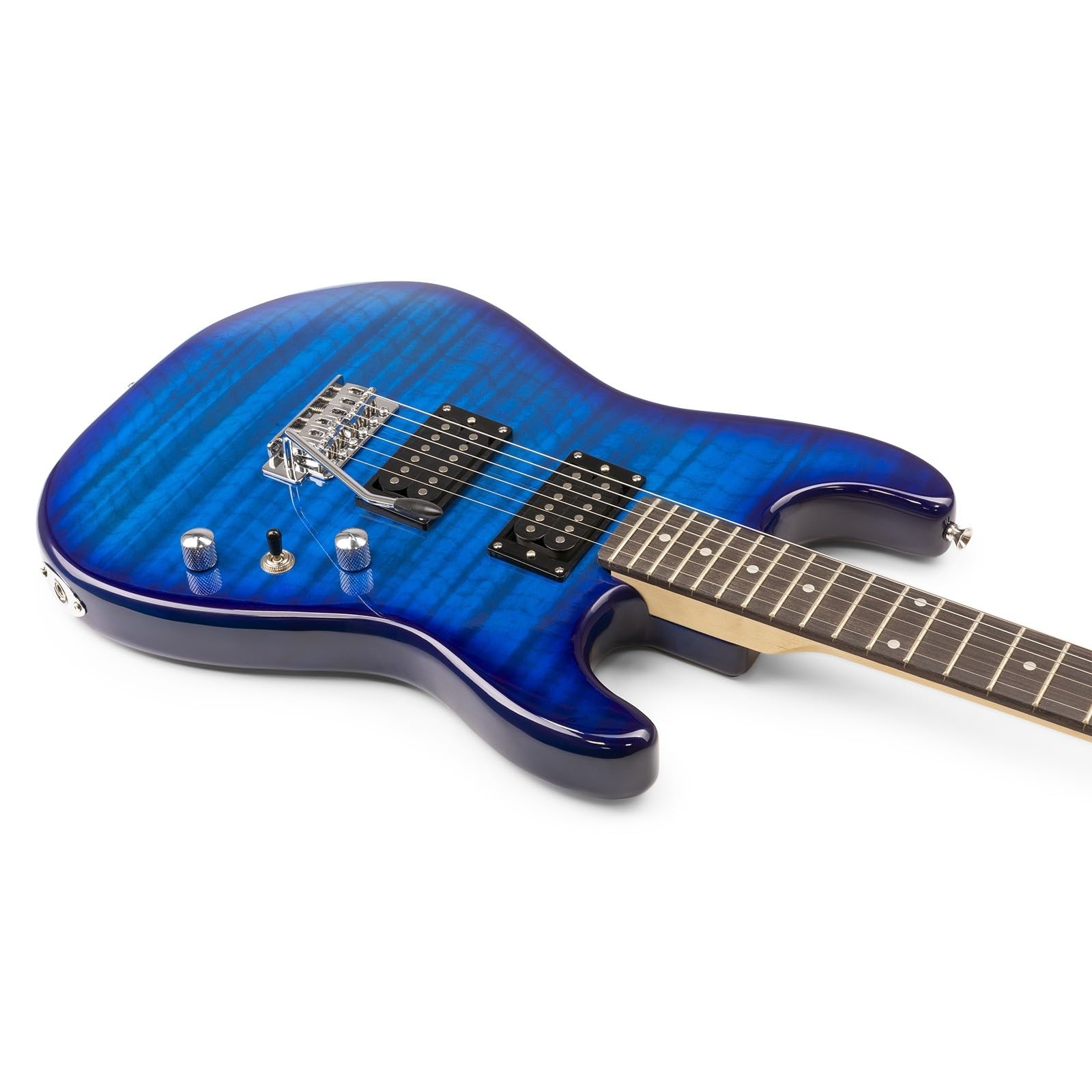 Max GigKit E Gitarre Quilted Style, E Gitarren Set mit Verstärker, Gitarrentasche, Plektrum, Stimmgerät Gitarre, Instrumentenkabel, Ersatzsaiten und Gitarrengurt, 22 Bünde - Dunkel Blau