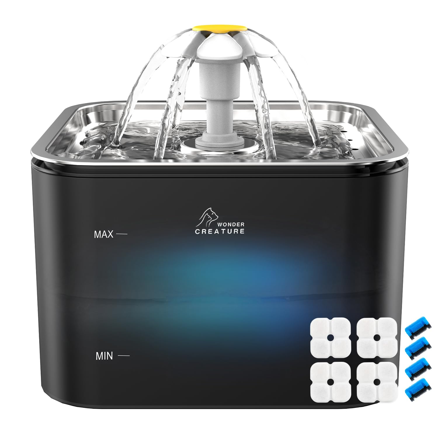 Crystal Cat Water Fountain Stainless Steel, 101oz/3L Pet Fountain with LED Light for Cats and Dogs (Blue)
