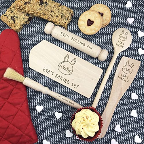 Personalised Kids Baking Set for Easter, Wooden Baking Tools Utensils Kit, Mini Rolling Pin, Board, Mixing Spoon, Spatula & Pastry Brush