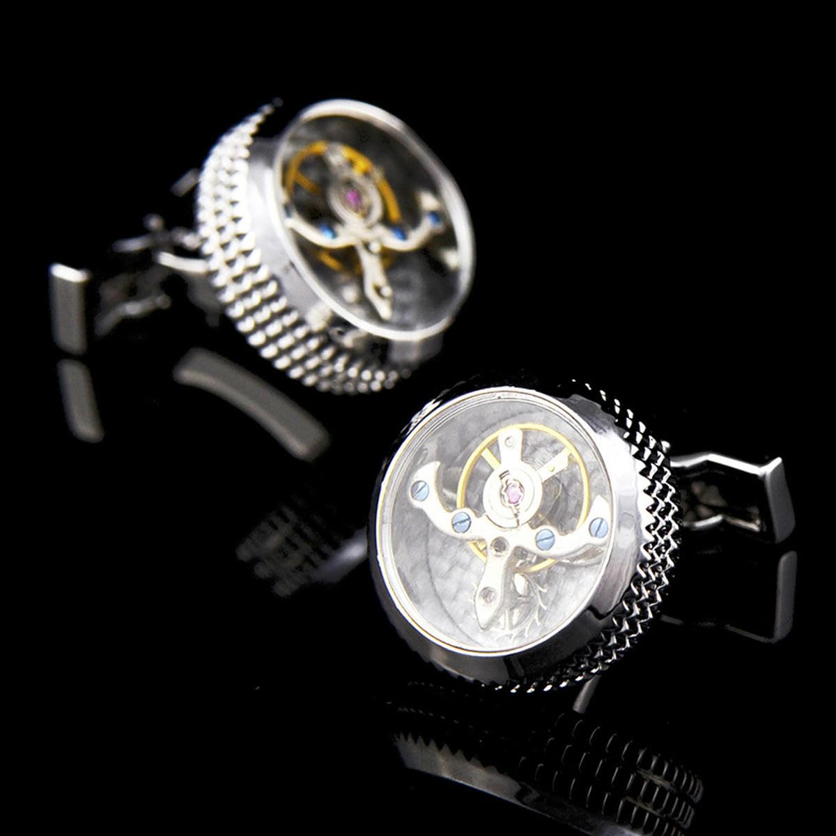 Gemelli a doppia linea con movimento tourbillon in argento, con borchie a tinta unita