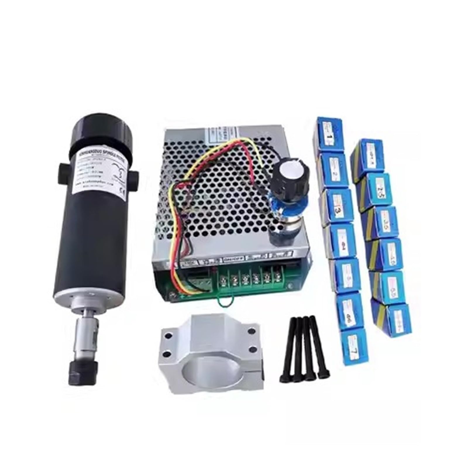 Silnik wrzecionowy chłodzony powietrzem 500 W ER11 / ER16 CNC DC z regulatorem prędkości + tuleje zaciskowe + zacisk + bity,Napęd elektryczny(Set 4 (ER16))