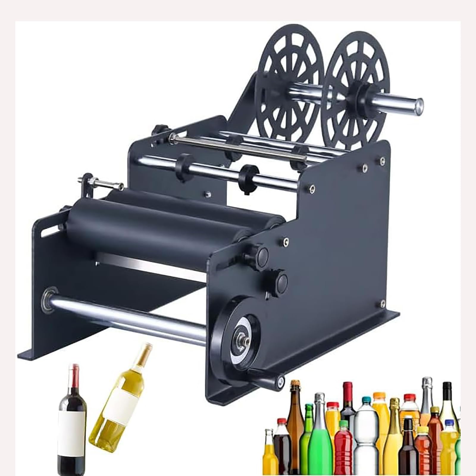 Etichettatrice semiautomatica, tipo manuale regolabile, lunghezza etichetta 10-300 mm, larghezza 10-130 mm, per bottiglie con diametro 15-120 mm