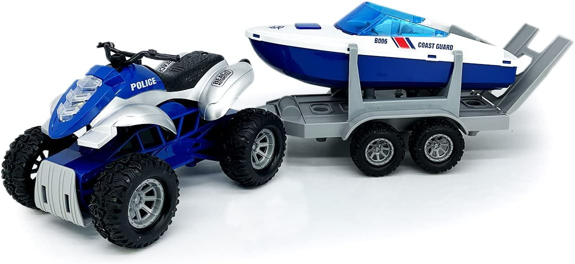 Large ATV Toy with Trailer Speedboat Tow Truck Flatbed Transport Police Motorcycle Toy Vehicle 2 in 1 Playset