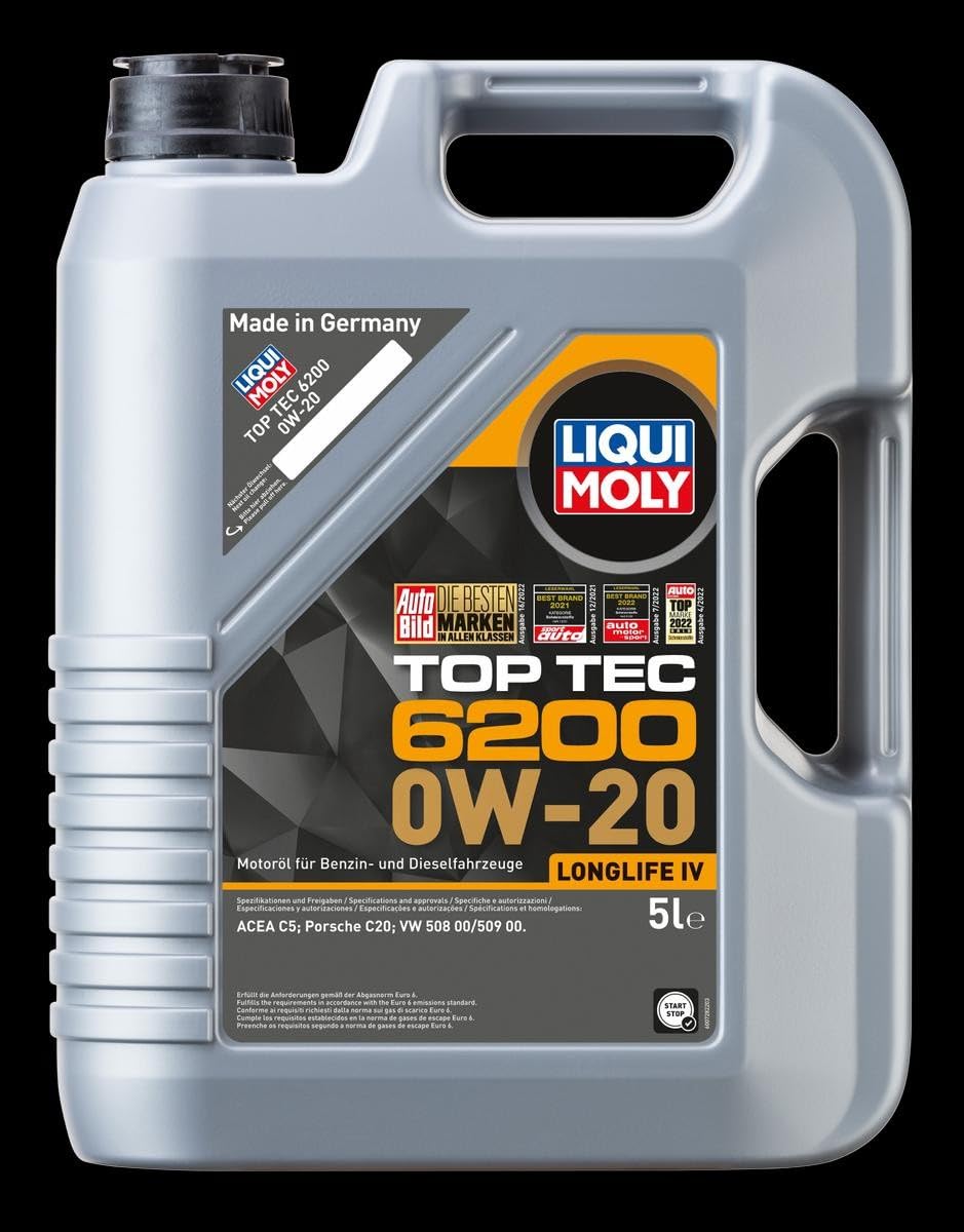 LIQUI MOLY Motoröl 0W-20 Top Tec Motor Öl ACEA C5 6200 4L Kompatibel mit VW Golf 7 Schrägheck 5G1, BQ1, BE1, BE2 Polo Schrägheck 6R1, 6C1 Passat Variant 3G5, CB5, AUDI A6 Avant 4G5, 4GD, C7, SKODA
