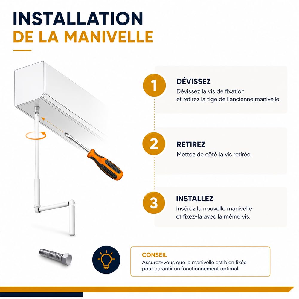Manivelle Complète Blanche pour Volet Roulant Manuel - 130 cm - Tige Acier - Poignée Ergonomique - Sortie Ronde Ø12 mm