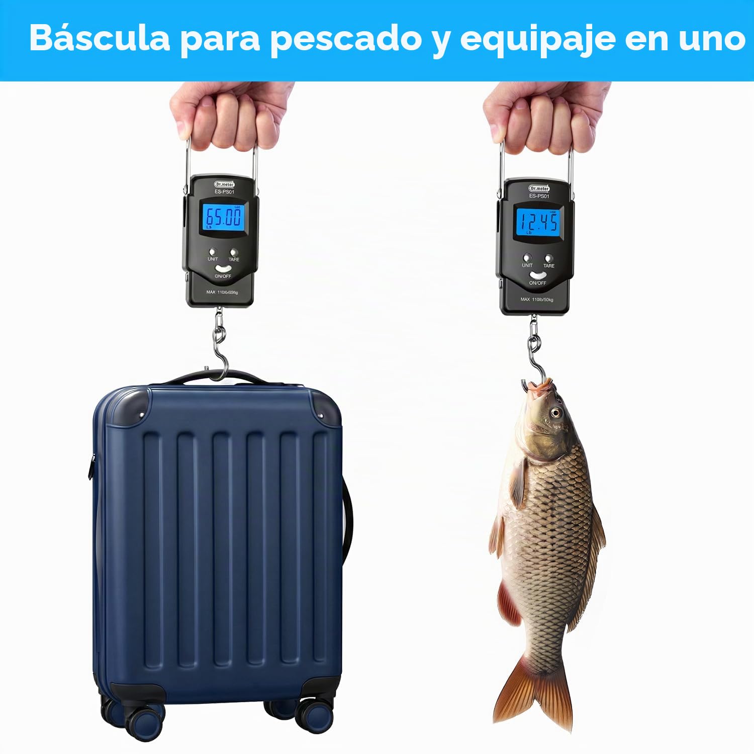 Bascula pesca, Dr.meter pesa maletas, bascula maletas, Electrónico Digital con Pantalla LCD Retroiluminado 110 Libras / 50kg con Cinta Métrica, 2 Pilas AAA Incluidas