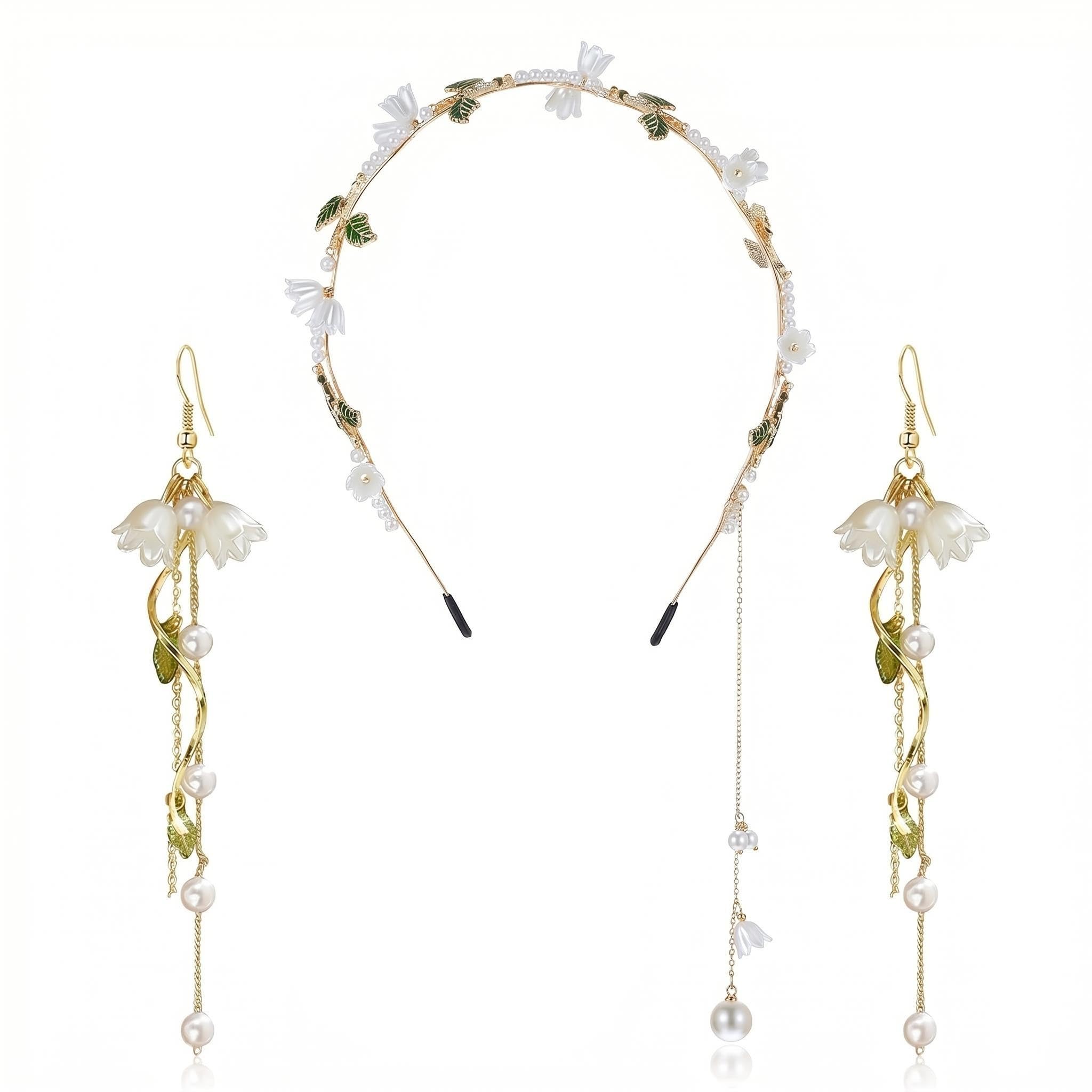 Renaissance Accessories Set,Floral Lily of the Valley Headband & Dangle Earrings, Vintage Ren Faire & Fairy Accessories for Wedding Cosplay